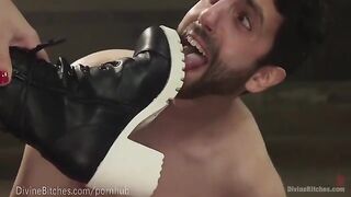 The strong Dominatrix beats and dominates her slaveboy in a passionate encounter
