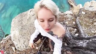 The cute girlfriend passionately sucks her ex-boyfriend’s big dick on the ocean shore