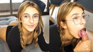 The pretty girl took a huge dick and received a warm throat pie