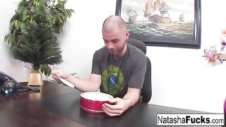 Natasha Nice is too excited to wait for sex with her boss, so she’s making her move