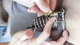 Femdom milking with chastity e-stim and a huge load after 12 days without cum