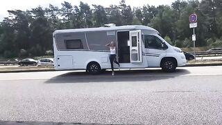 Public sex on the A1 motorway in wet look leggings, I'm cum hungry!