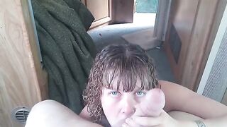 The slut Lavender Joy swallows all of the cum in her mouth