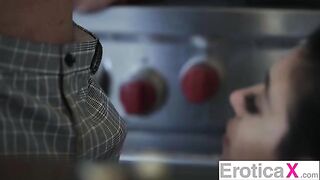 The couple has sex right in the kitchen, just like in their hottest videos