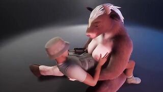 A wild cow in a fur suit is breastfeeding the ranger