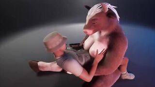 A wild cow in a fur suit is breastfeeding the ranger