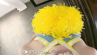 Cute blonde cheerleader gets her face covered with cum in POV