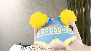 Cute blonde cheerleader gets her face covered with cum in POV
