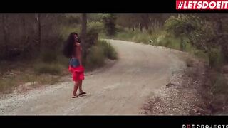 Petite brunette Alexa Tomas pisses outdoors before giving a blowjob