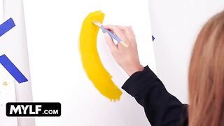 Artistic milf with huge tits seduces and fucks her nude painter in a steamy MYLF scene