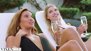 A young guy is having fun with three girls in a steamy foursome