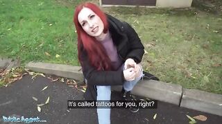 Redhead Brit shows off pierced tits for cash in steamy Public Agent scene