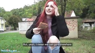 Redhead Brit shows off pierced tits for cash in steamy Public Agent scene