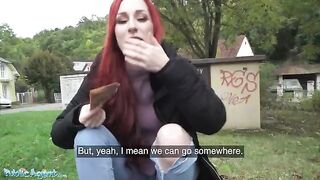 Redhead Brit shows off pierced tits for cash in steamy Public Agent scene