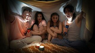 Naughty boys scared Aubrey and Penelope with a spooky story, then fucked them