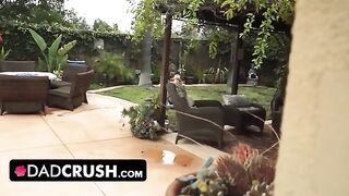 Fit brunette lets pervert stepdad finger and fuck her by the pool