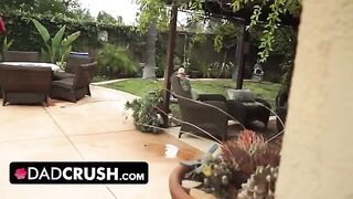 Fit brunette lets pervert stepdad finger and fuck her by the pool