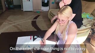 The student could not concentrate, so she started to suck the tutor’s dick