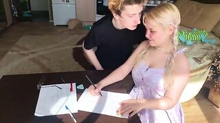 The student could not concentrate, so she started to suck the tutor’s dick