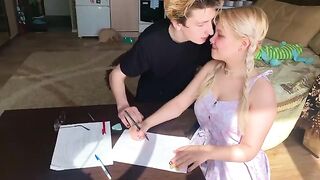 The student could not concentrate, so she started to suck the tutor’s dick