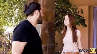 A slim ginger girl calmed down after a quarrel, getting intimate with a handsome man