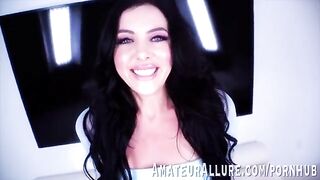 A sexy brunette with blue eyes, Theodora Day, gets her lips around a cock