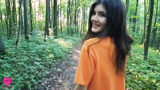 A girl is walking in the forest and meets a guy she’s going to eat