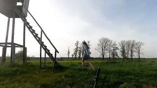 A Chihuahua was fucked in a hunting pulpit outdoors by a passionate couple