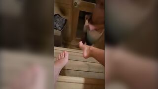 This big-mouthed Italian guy masturbates in sauna and I deepthroat him until he comes