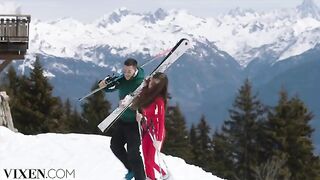 A young girl is having fun with her boyfriend in the Alps