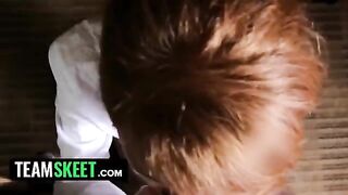 A cute ginger maid got down on her knees and sucked a big cock