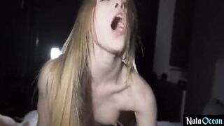 Skinny teen gets her tight pussy smashed hard by a huge cock in a rough session