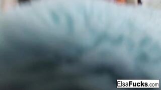 The blonde beauty, Elsa Jean, caresses her slim body and wet pussy