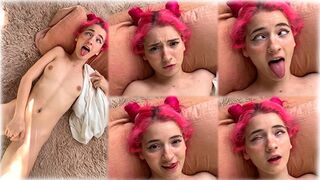 The cute girl plays with her pussy, showcasing her petite charm