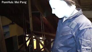 The girl is stuck in a Halloween costume and fucks hard