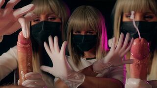 A crazy nurse in latex gloves will bring you to bed for a handjob