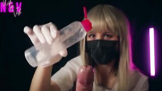 A crazy nurse in latex gloves will bring you to bed for a handjob