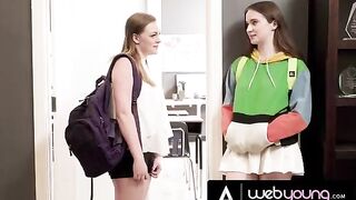 Horny teen Hazel Moore eats her busty bestie’s pussy in classroom
