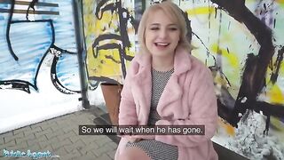 Short hair blonde teen picked up at the bus stop for cash by Public Agent