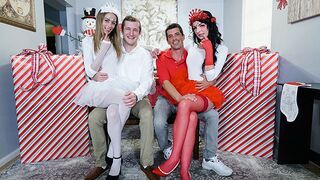 Two cute stepdaughters share a festive surprise in costumes