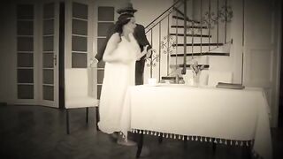 A naughty dancer gets a cumshot on her face in this retro scene
