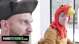 The stepdaughter and stepmom are thankful for a fat cock to stuff their pussies on Thanksgiving