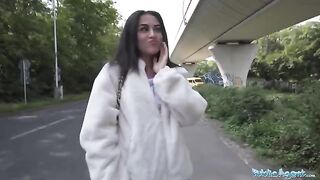 Petite teen gets fucked outdoors by Public Agent after nearly getting hit by taxi