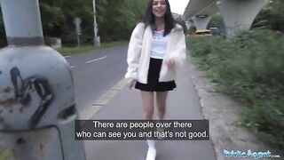 Petite teen gets fucked outdoors by Public Agent after nearly getting hit by taxi