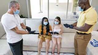 Two step-daughters get their pussies washed and fucked by two mature men