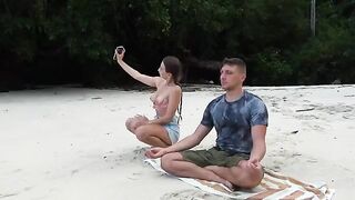 A petite brunette babe gets meditative on the beach and gets fucked by a stranger