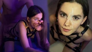 A cute brunette with a harness gets on top and jumps passionately