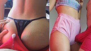 A couple has a passionate sex session and the guy cum through her underwear