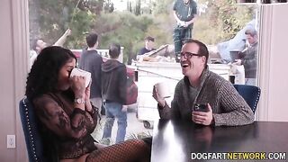 Ebony babe Paris The Muse gets her mouth used by ten huge cocks in a bukkake