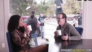Ebony babe Paris The Muse gets her mouth used by ten huge cocks in a bukkake
